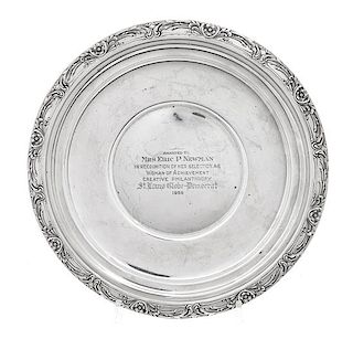 * An American Silver Commemorative Plate, Reed and Barton, Taunton, MA, Burgundy pattern, engraved "Awarded to Mrs. Eric P. Newm