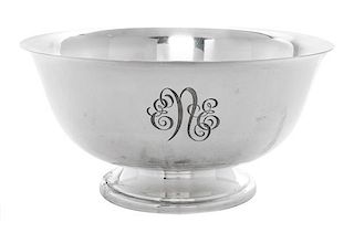 * American Silver Bowl, Revere Silversmiths, Brooklyn, NY, 20th century, monogrammed on exterior of bowl.