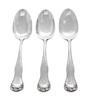 Three American Silver Berry Spoons, Gorham Mfg. Co., Providence, RI, retailed by M. Scooler, New Orleans, LA, with beaded and fl