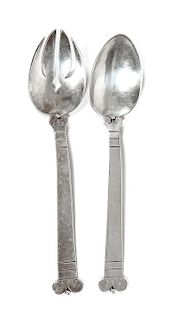 * A Mexican Silver Serving Spoon and Fork Set, Hector Aguilar, Taxco, early 20th century, each with scroll decoration at either