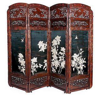 * A Large Japanese Four-Panel Silk Mounted Wood Floor Screen Each panel: 81 1/2 x 30 1/4 inches.