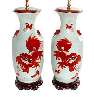 * A Pair of Chinese Porcelain Lamps Height 19 3/4 inches.