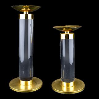 Karl Springer Lucite And Brass Tall Candleholders