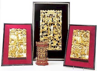 * Five Chinese Red Lacquer and Gilt Decorated Carved Wood Elements, Height overall of tallest 27 1/4 inches.