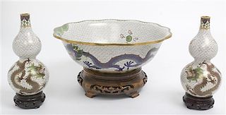* A Group of Three Cloisonne Enamel Articles, Width of bowl 10 3/8 inches.