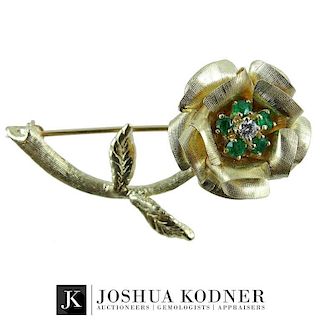 14K Emerald & Diamond Flower Brooch
