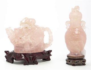 * Two Carved Rose Quartz Articles, Width of first 6 1/2 inches.