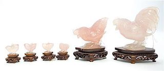 * Two Carved Rose Quartz Figures of Roosters, Width of widest 4 inches.