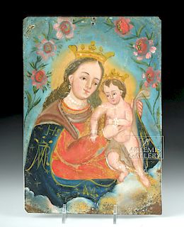 Touching 19th C. Mexican Tin Retablo - Virgin & Child