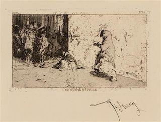 Mariano Fortuny y CarbÌ_, (Spanish, 1838-1874), A group of three works: Deux Cardinaux, Landscape, and Une rue de Seville