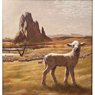 Magic Realist Painting of Sheep in Western Landscape