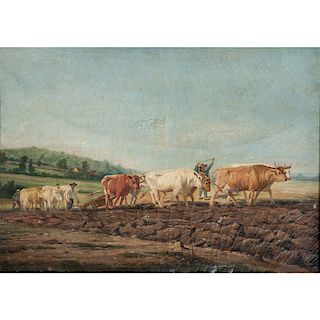 Cattle Plowing a Field, Oil on Canvas