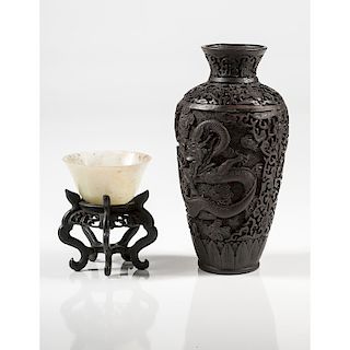 Black Resin Dragon Vase and Soapstone Cup