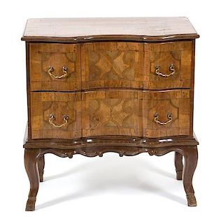 An Italian Rococo Style Walnut Chest of Drawers Height 31 1/4 x width 30 x depth 17 3/4 inches.