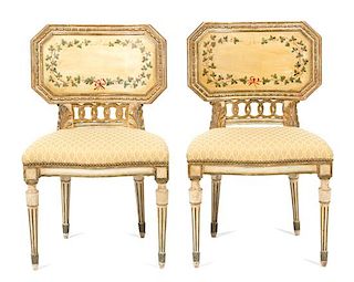 A Pair of Italian Directoire Style Painted and Parcel Gilt Side Chairs Height 33 1/2 inches.
