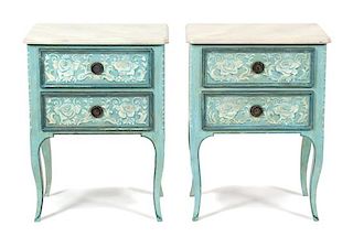 A Pair of Italian Painted Bedside Cabinets Height 31 1/2 x width 23 3/4 x depth 15 1/4 inches.