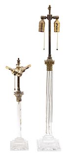 Two Neoclassical Style Gilt Bronze Mounted Glass Columnar Table Lamps Height of taller 32 inches.