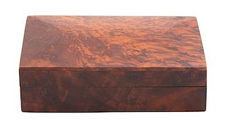 A Burlwood Covered Box Height 2 1/4 x width 7 3/4 x depth 5 inches.
