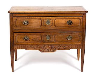 Two French Provincial Carved Walnut Two-Drawer Commodes Height 34 1/2 x width 43 x depth 22 inches.