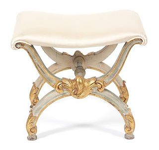 A Louis XV Style Painted and Parcel Gilt Curule-Form Tabouret Height 17 inches.
