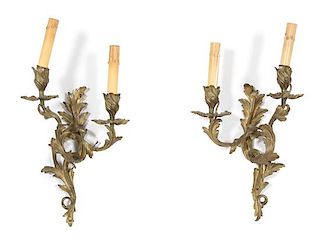 A Pair of Louis XV Style Gilt Bronze Two-Light Wall Sconces Height 17 x width 9 1/2 x depth 6 inches.