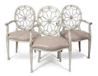 Three Louis XVI Style Painted Wheel-Back Fauteuils Height 39 inches.