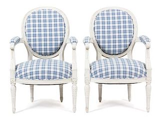 A Pair of Louis XVI Style Oval Back Fauteuils Height 35 inches.