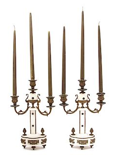 A Pair of Louis XVI Style Gilt Bronze Mounted White Marble Candelabra Height 15 x width 10 x depth 4 inches.