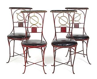 A Set of Four French Painted and Parcel Gilt Metal Side Chairs Height 36 inches.