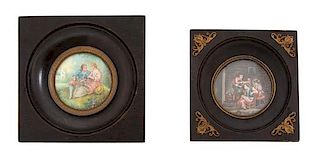Two French Miniatures in Gilt Metal Mounted Ebonized Wood Frames Diameter 2 1/8 inches.