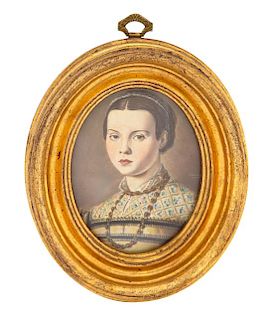 An Italian Watercolor Miniature in Giltwood Frame 2 7/8 x 2 1/4 inches.