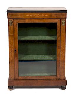 A French Empire Style Inlaid Walnut Bibliotheque Height 41 x width 29 1/2 x depth 12 1/4 inches.