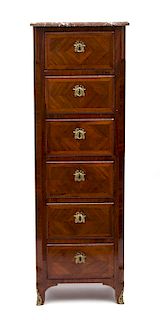 A French Empire Style Inlaid Tulipwood Tall Chest Height 56 3/4 x width 19 x depth 13 1/4 inches.