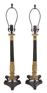 A Pair of French Empire Style Patinated and Gilt Bronze Columnar Table Lamps Height overall 31 inches.