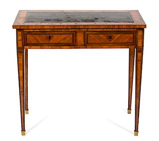 A Louis Philippe Style Inlaid Tulipwood Writing Table Height 28 1/2 x width 30 3/4 x depth 16 inches.