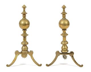 A Pair of Georgian Style Brass Andirons Height 23 inches.