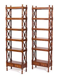 A Pair of William IV Style Mahogany Open Bookshelves Height 73 1/3 x width 22 x depth 10 inches.