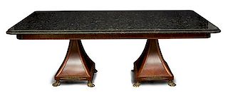 A William IV Style Gilt Metal Mounted Mahogany Two Pedestal Table Height 33 x length 89 x depth 49 1/2 inches.