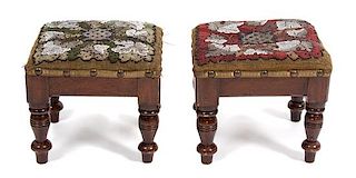 A Pair of Victorian Embroidered and Beaded Footstools Height 7 1/2 x width 8 1/2 x depth 7 1/2 inches.
