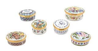 A Collection of Six English Enameled Pill Boxes Length of largest 2 1/2 inches.