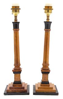 A Pair of English Oak Table Lamps Height overall 22 1/2 inches.