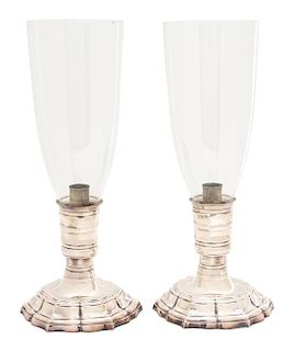 A Pair of English Silver Plate and Glass Hurricane Shades Height 15 inches.