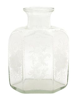 A Continental Etched Glass Hexagonal Bottle Height 12 3/4 inches.