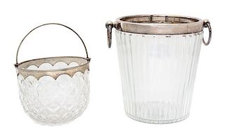 Two Silver Plate Mounted Glass Ice Buckets Height of tallest 8 1/4 inches.