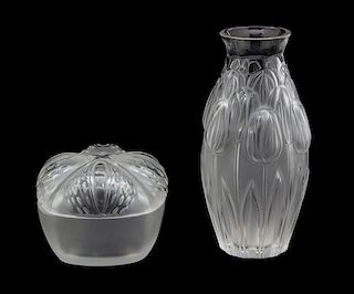 Two Lalique Molded and Frosted Glass Articles Height of taller 7 inches.