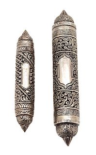 Two Indian Silver Plate Scroll Holders Length of larger 8 1/2 inches.