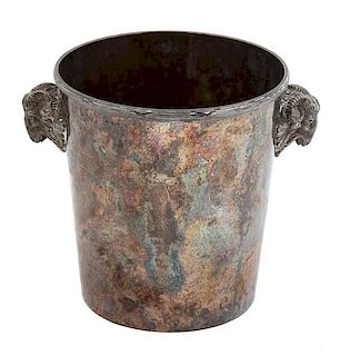 A Silver Plate Champagne Bucket with Ram's Head Handles Height 8 1/4 inches.