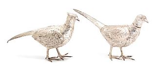 A Pair of German Silver Plate Models of Pheasants Height 8 x length 15 inches.