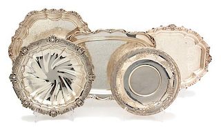A Collection of Five Silver Plate Serving Pieces Length of largest 16 inches.
