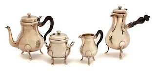 A Four-Piece French Silver Plate Coffee and Chocolate Service Height of chocolate pot 9 1/2 inches.